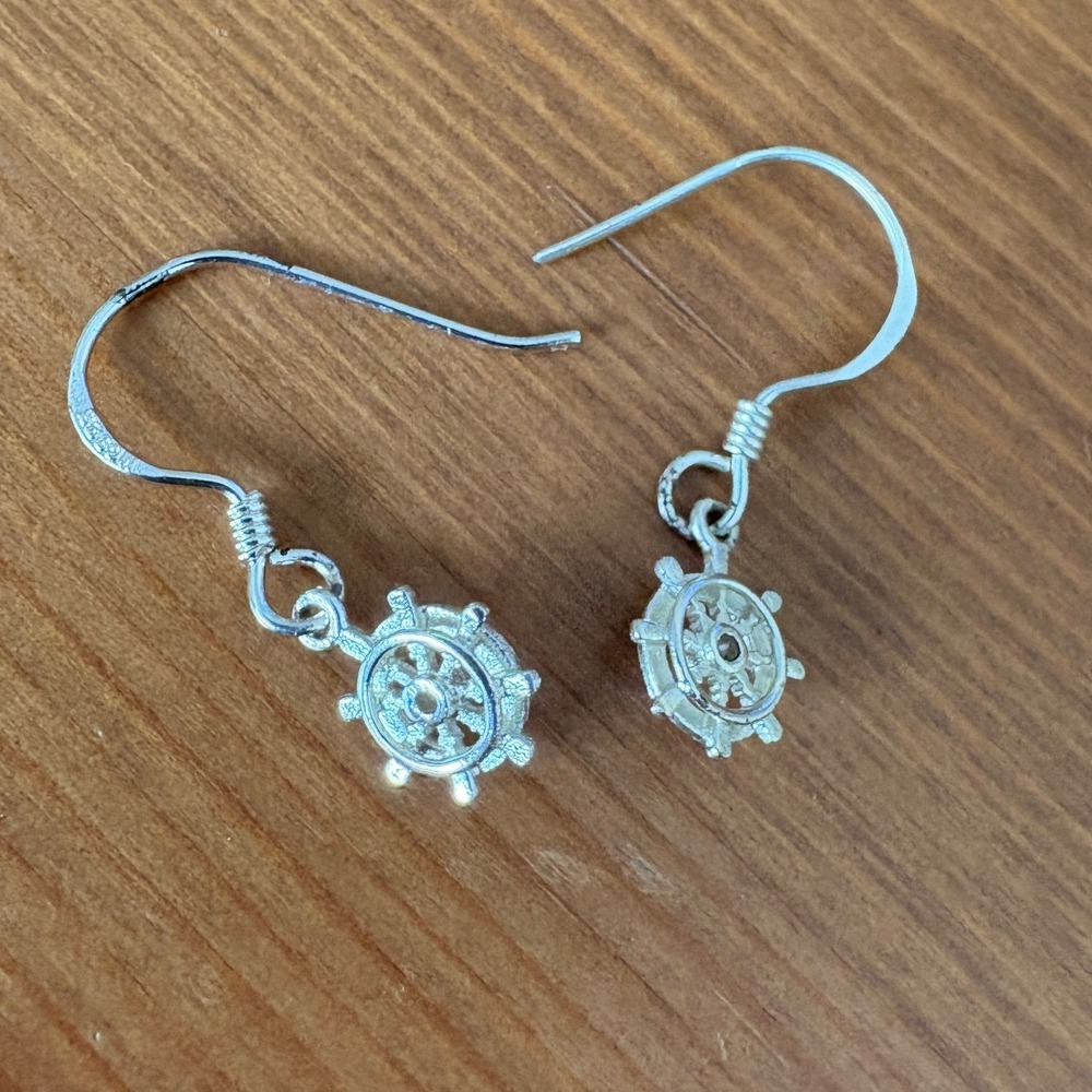 Sterling Silver 925 Mini Nautical Ship Wheel Helm Drop Dangle‎ Earrings